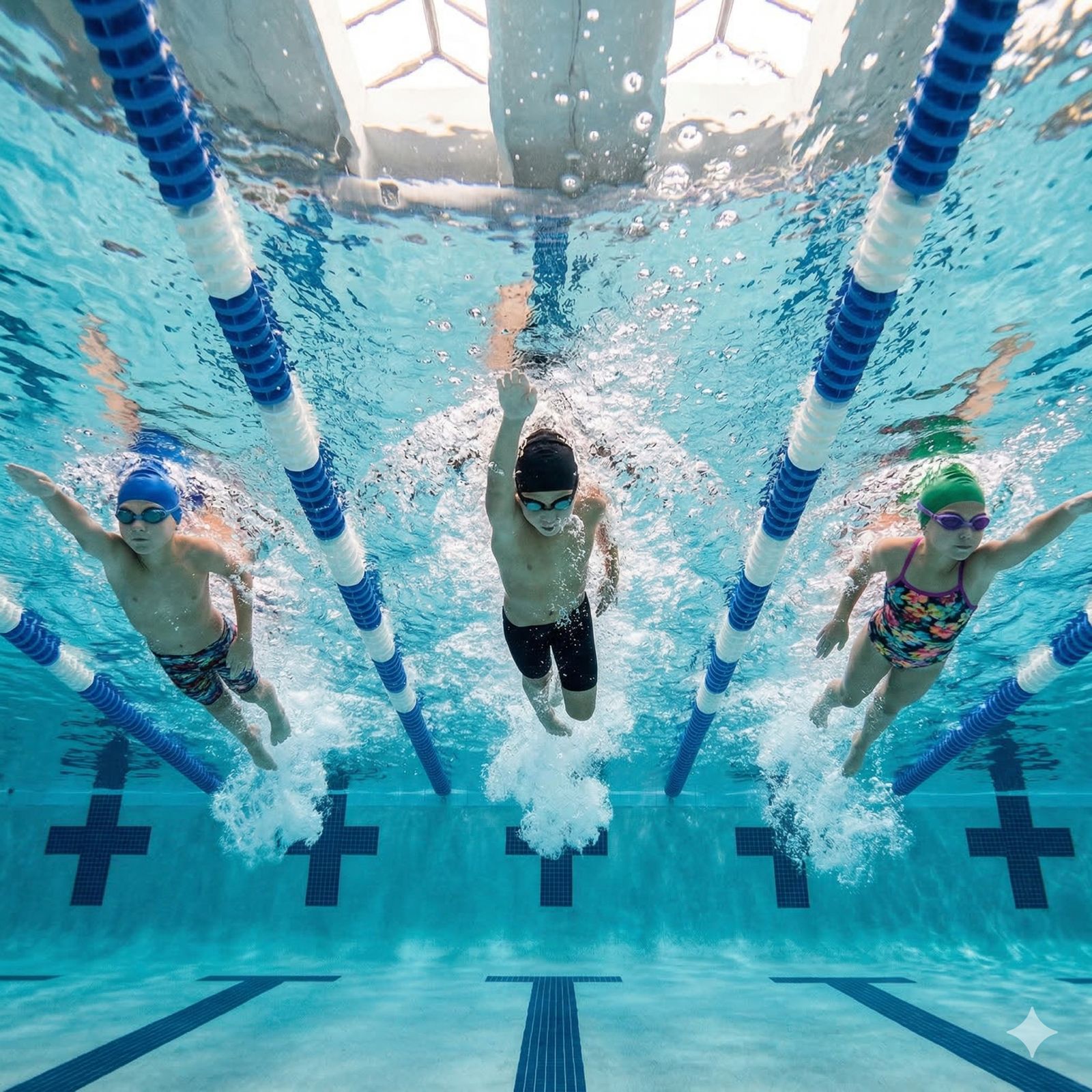 Three young swimmers diving in perfect form underwater