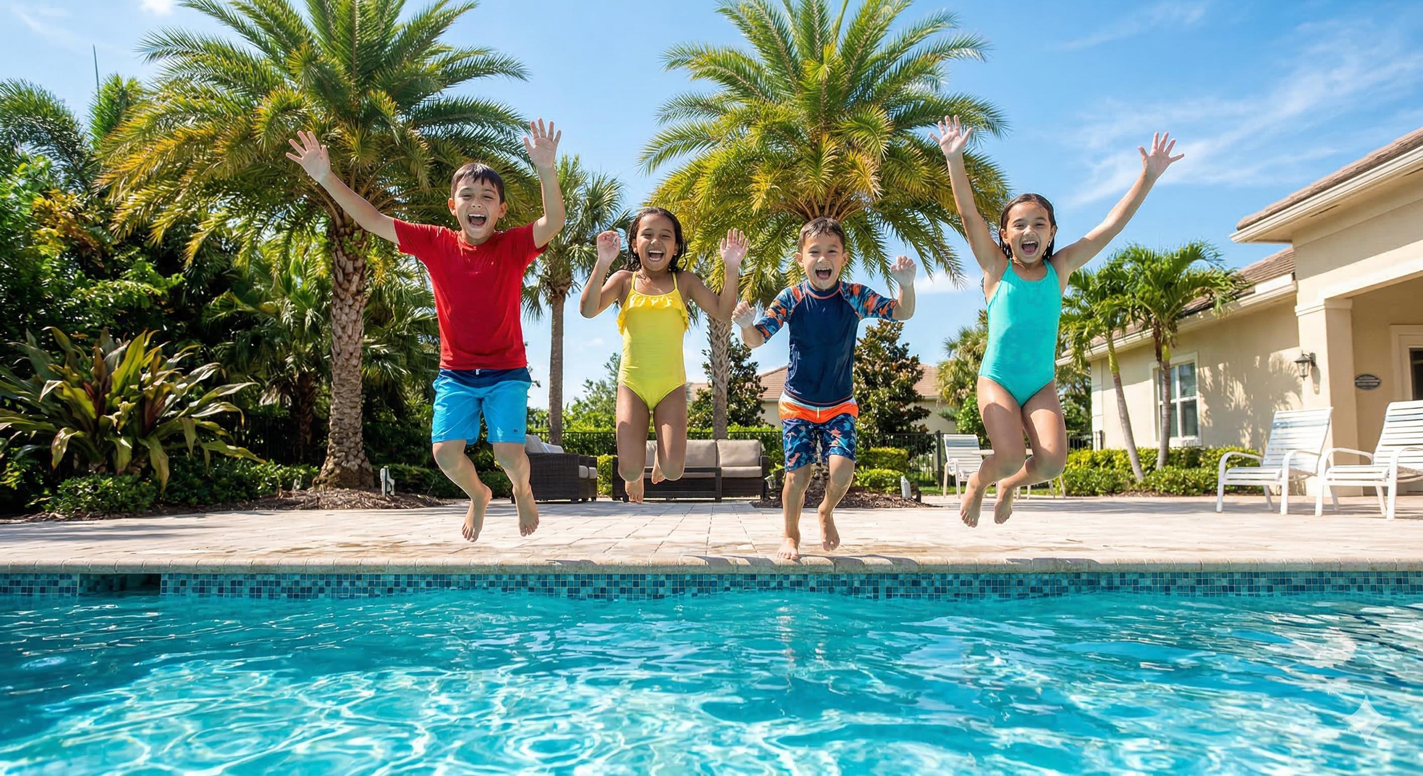Kids jumping into the pool with excitement